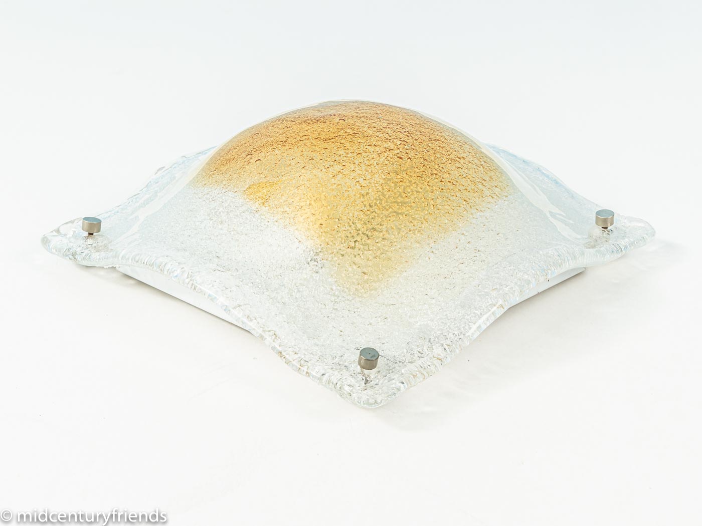 Deckenlampe 1970er Jahre mit gewölbtem Strukturglas und gelben Sprenkeln auf Metallplatte, 30x13x30 cm