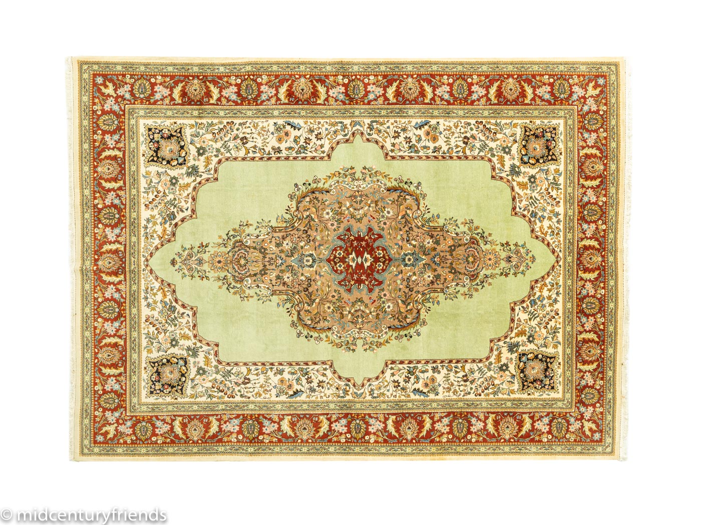 1960er Jahre Kashmar Teppich mit Medaillon auf mintfarbenem Grund und roten, creme- und blauen Bordüren, 250 x 350 cm