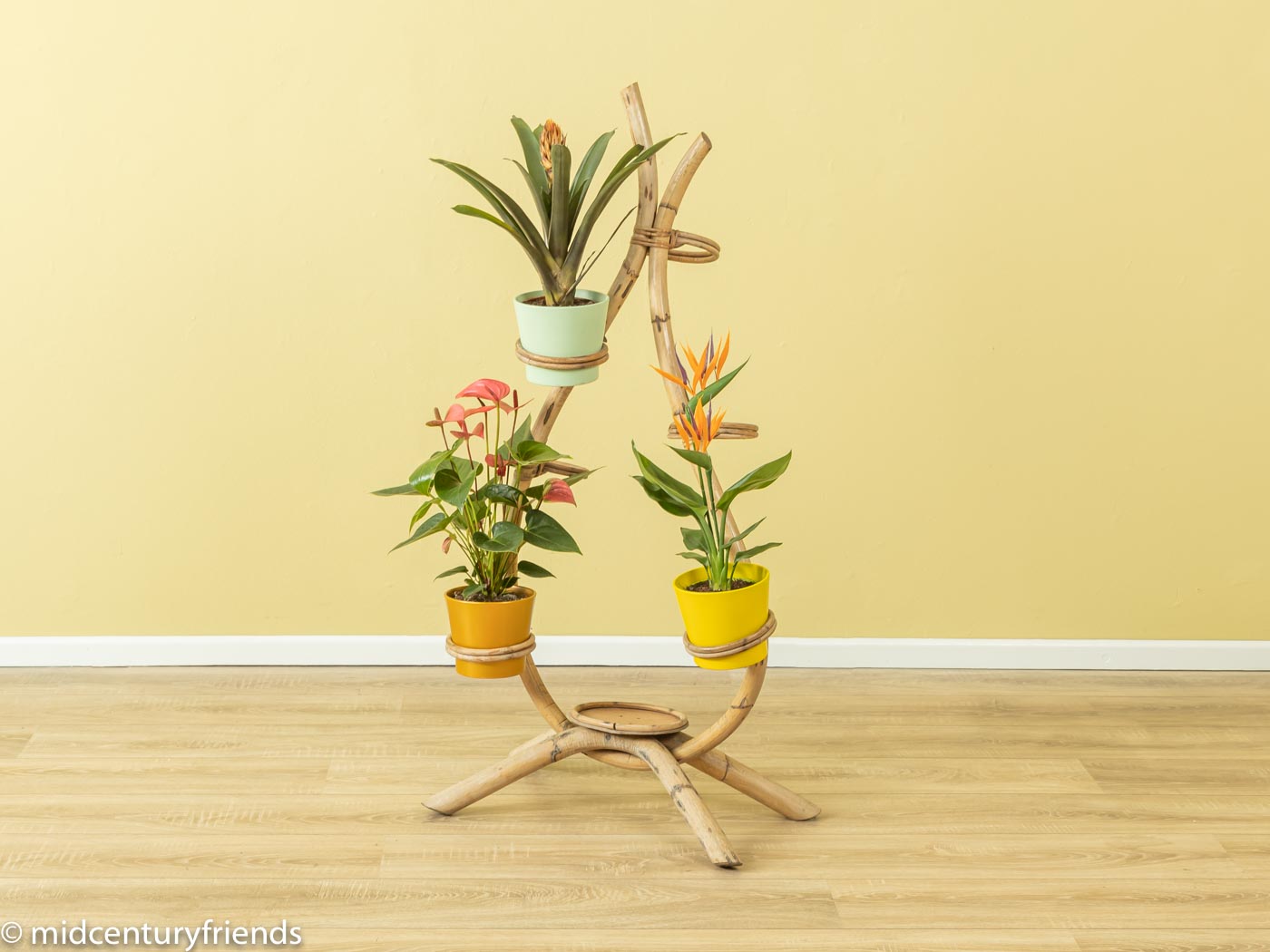 Wundervolle Blumenetagere aus Bambus mit fünf Abstellflächen und bunten Blumentöpfen in 1950er Vintage-Stil