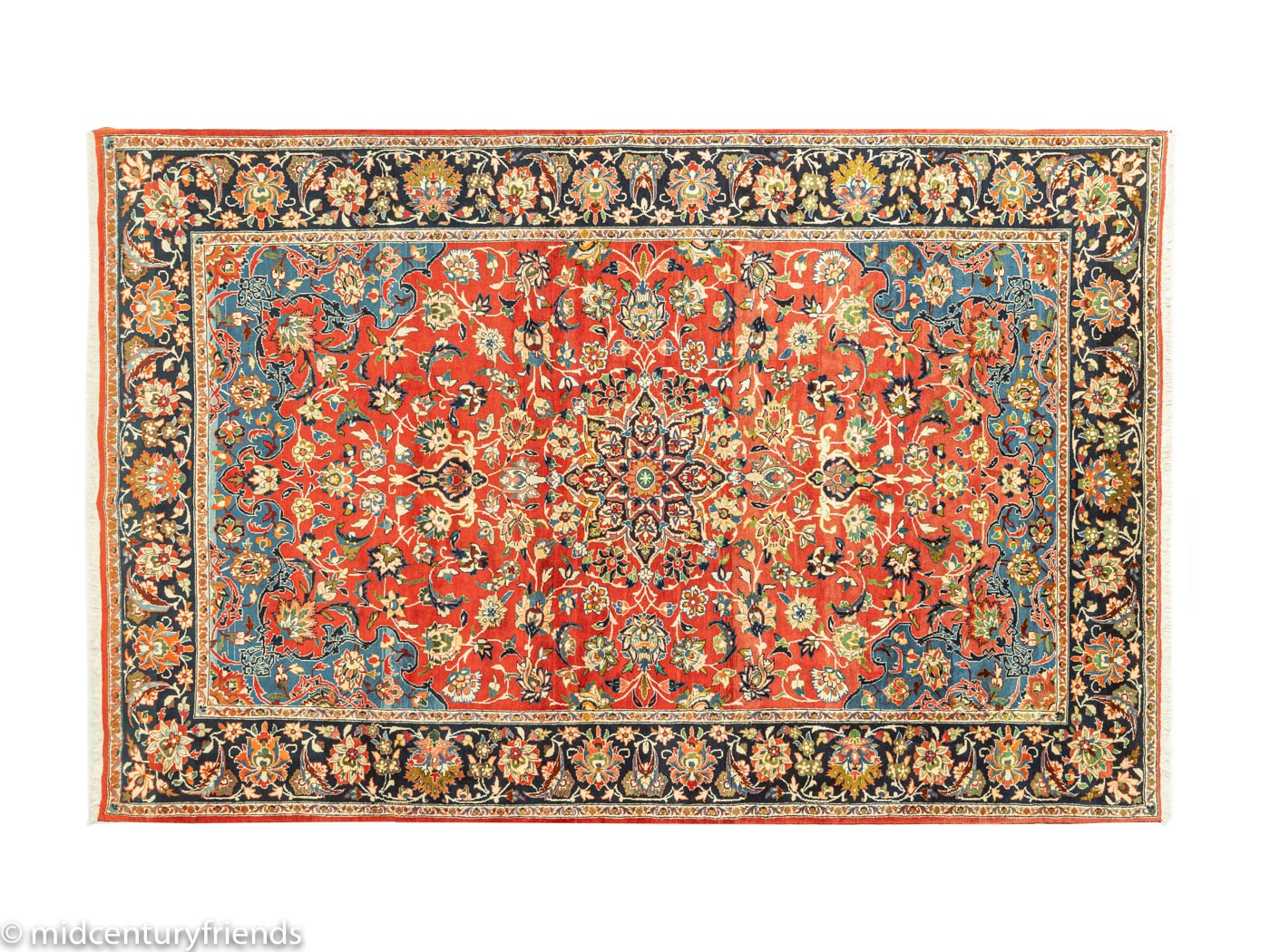 1960er Jahre Teppich mit Medaillonmuster und Blumen in Creme, Blau und Rot, 245x386 cm