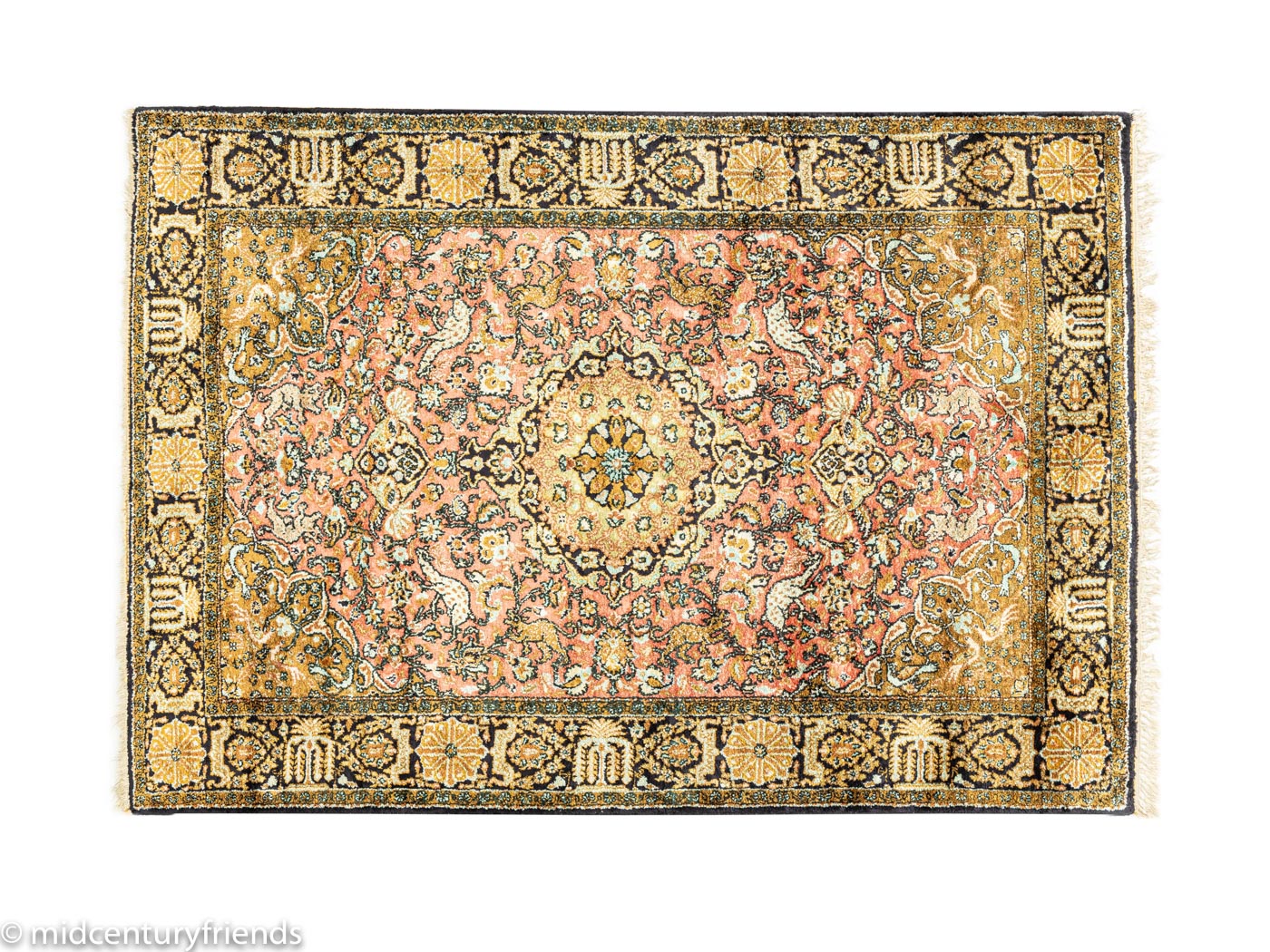 1960er Jahre Ghom Teppich mit Mittelmedaillon und floralen Mustern in Beige, Dunkelblau, Creme, Gelb und Rot