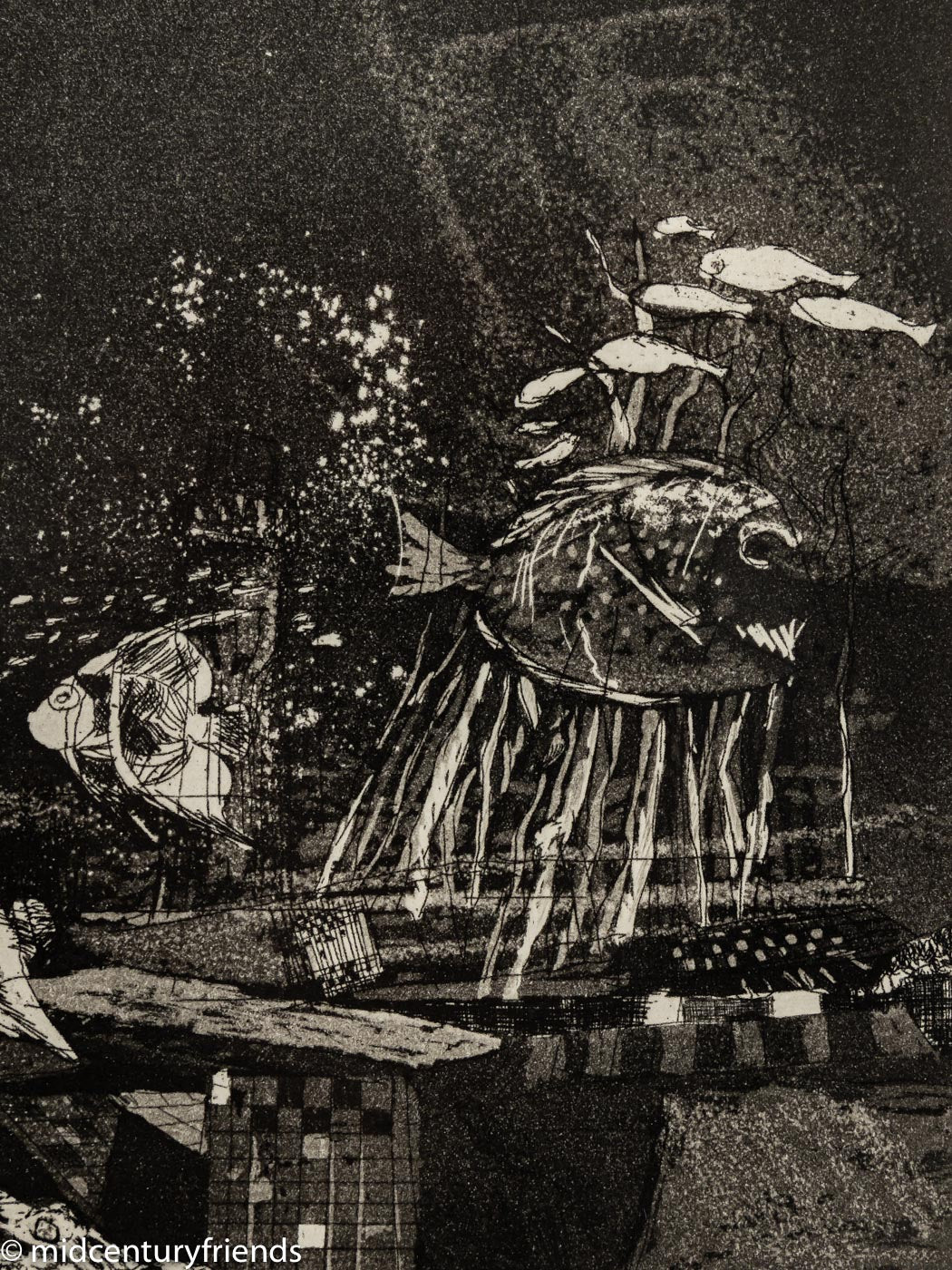 Unter Wasser, S/W Radierung auf Papier, 52 x 48 cm