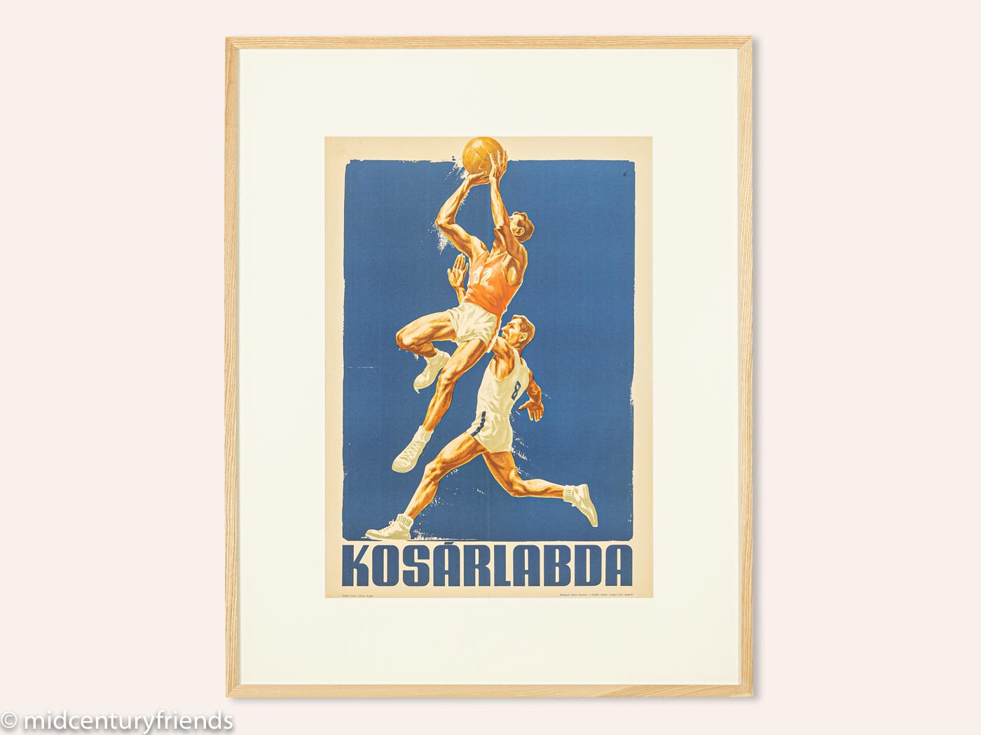 Vintage framed Basketball EM 1955 poster with players artwork in ash wood frame under anti-reflective acrylic glass