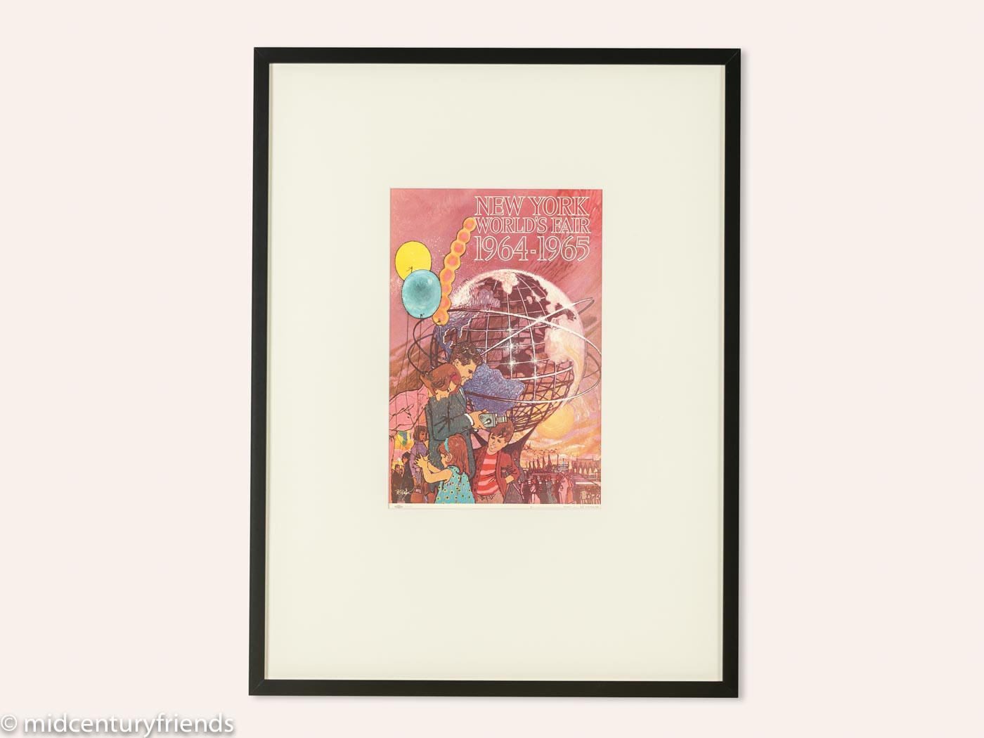 Framed original vintage 1964-1965 New York World's Fair poster with globe and family illustration