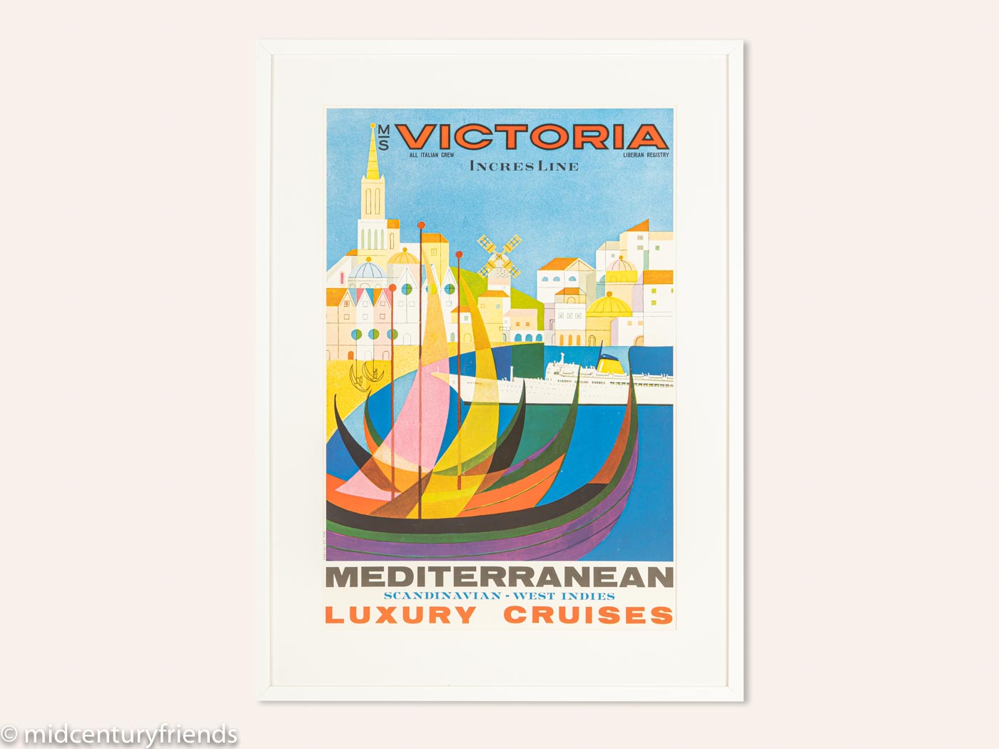 1960er Jahre Poster MS Victoria Mediterranean Luxury Cruises vintage framed white wood