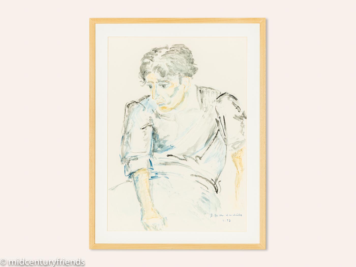 Junger sitzender Mann acrylic painting on Büttenpapier framed in beechwood frame by Helga Müller 1997