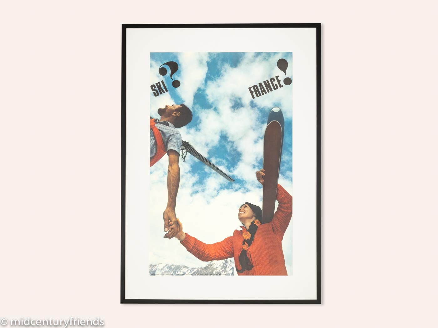 Vintage framed SKI? FRANCE! 1970s French tourism poster with skiers and blue sky background