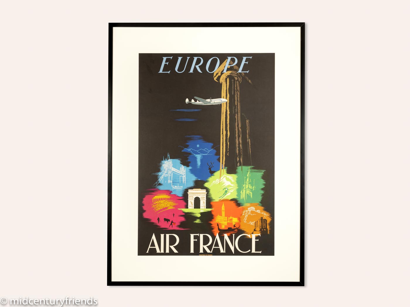 Vintage Air France EUROPE travel poster 1960s framed with black wood frame and white mat