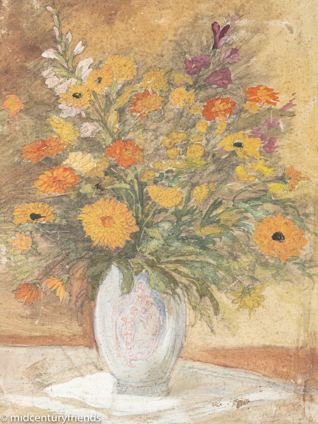 Art Déco Blumen, Aquarell auf dickem Papier, 64 x 74 cm