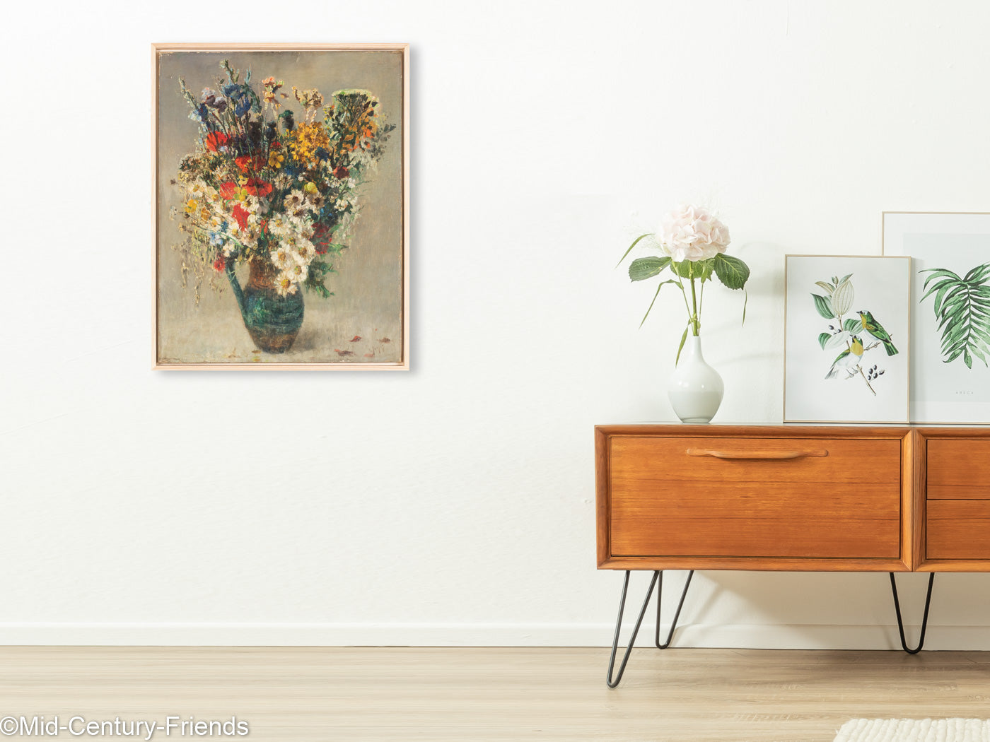 Bunter Art Déco Blumenstrauß, Öl auf Platte, 53 x 68 cm