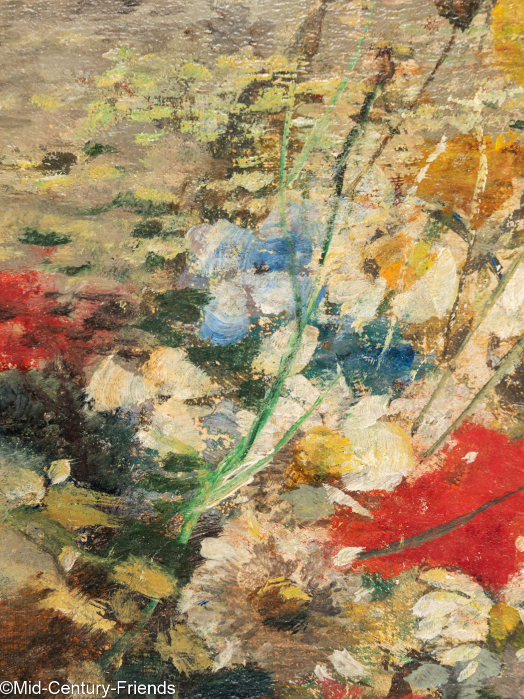 Bunter Art Déco Blumenstrauß, Öl auf Platte, 53 x 68 cm