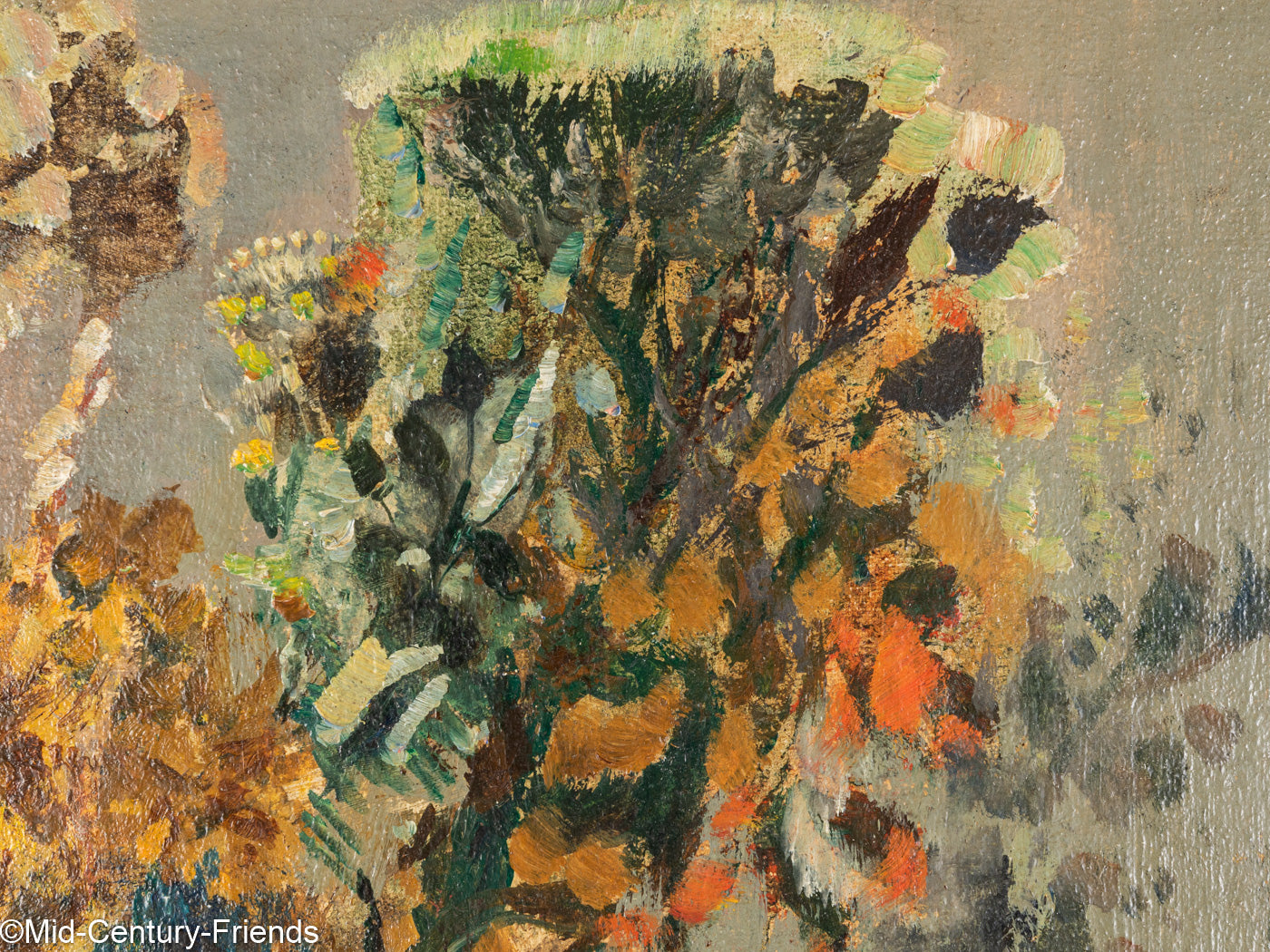 Bunter Art Déco Blumenstrauß, Öl auf Platte, 53 x 68 cm