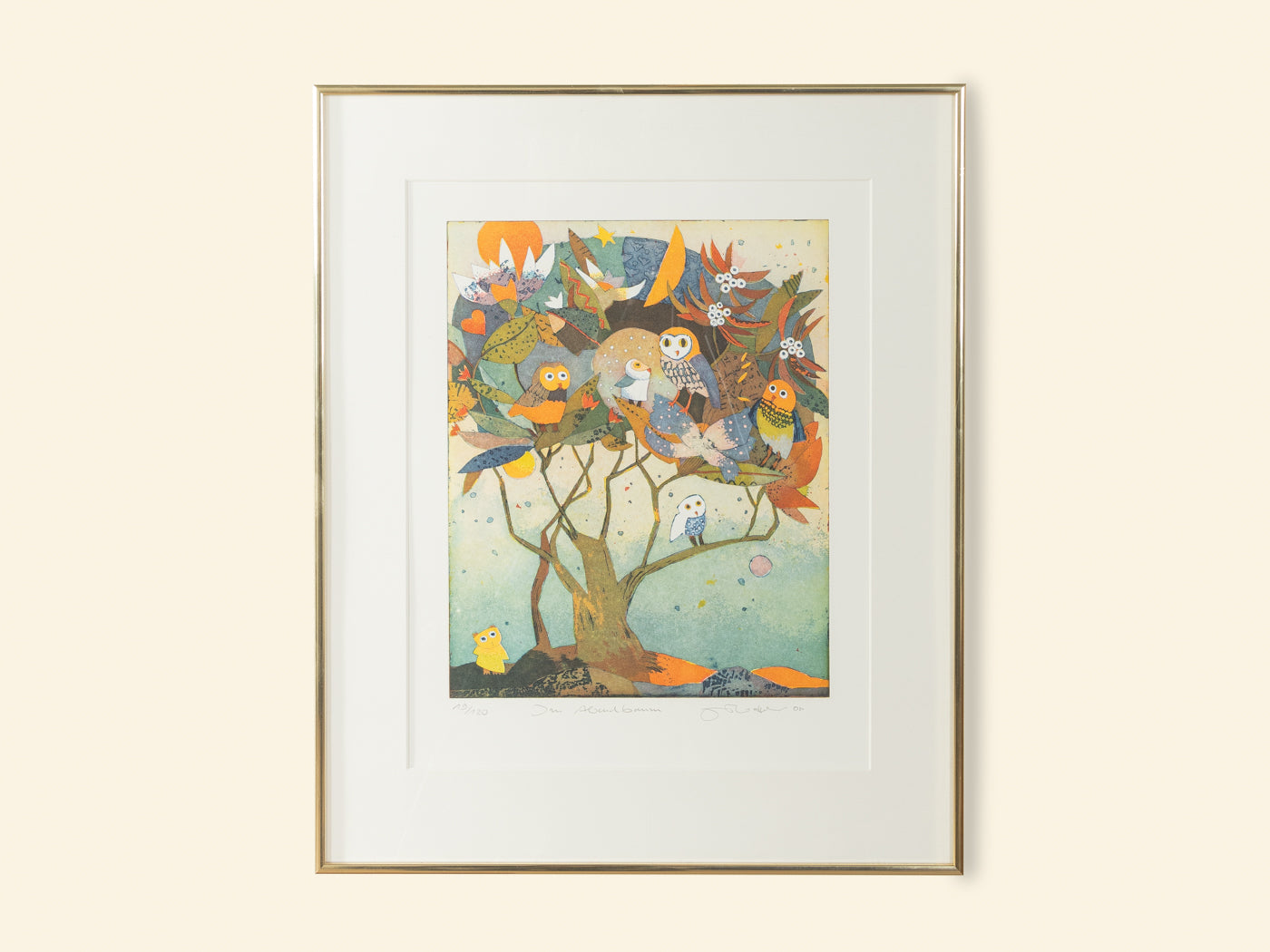 Im Abendbaum, Farbradierung von Jutta Votteler, 51cm x 62cm