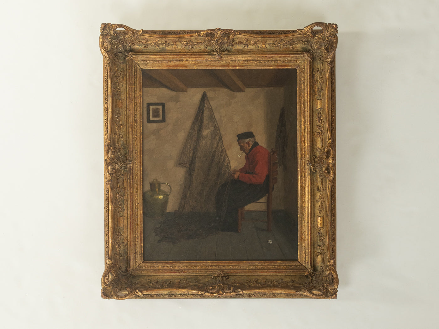 Ölgemälde, Wilhelm Gdanietz, Flicken der Fischernetze 59cm x 70cm