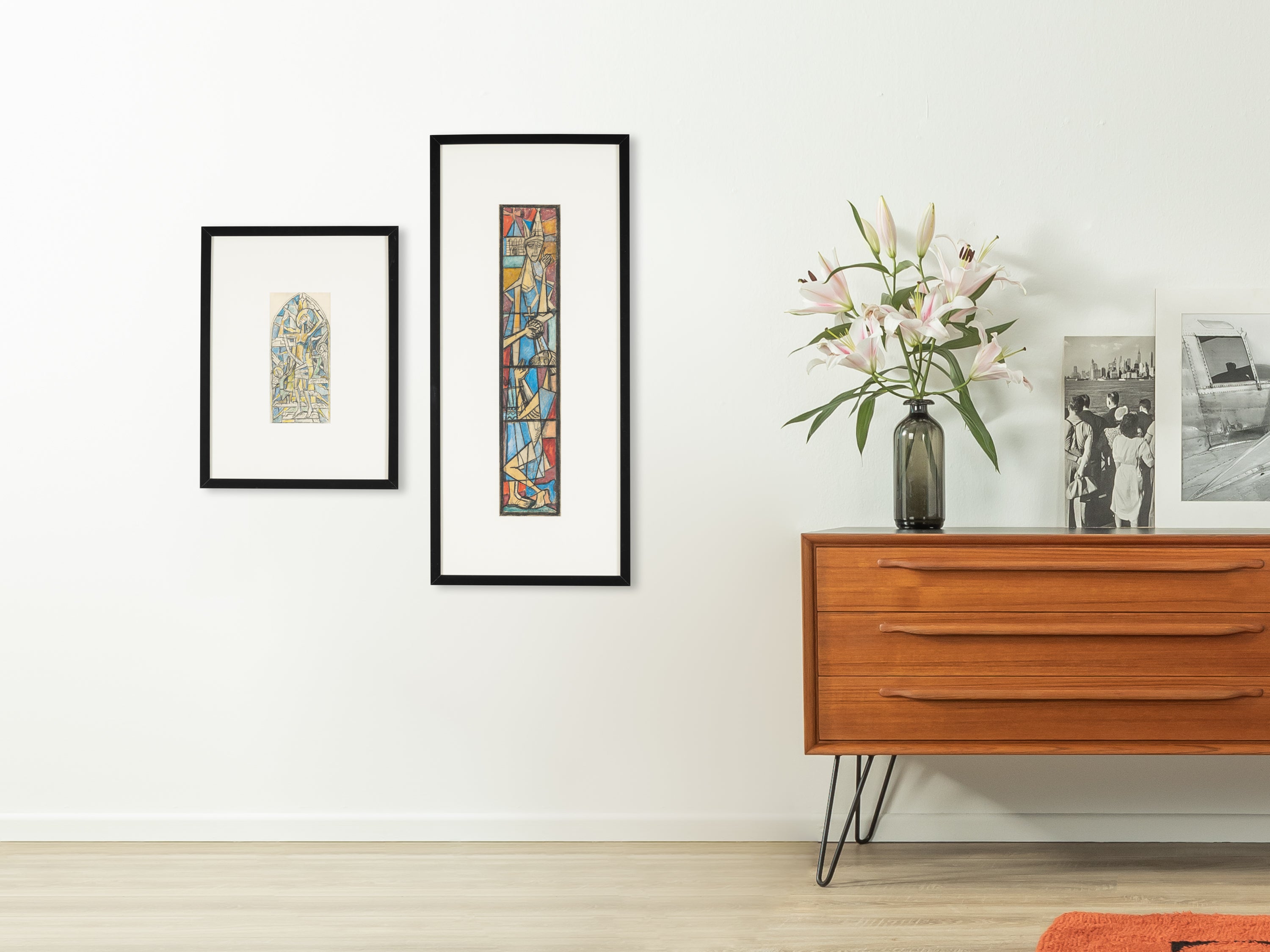 KIRCHENFENSTER (SET), KOLORIERTE SKIZZEN AUF PAPIER, 39 X 88 CM