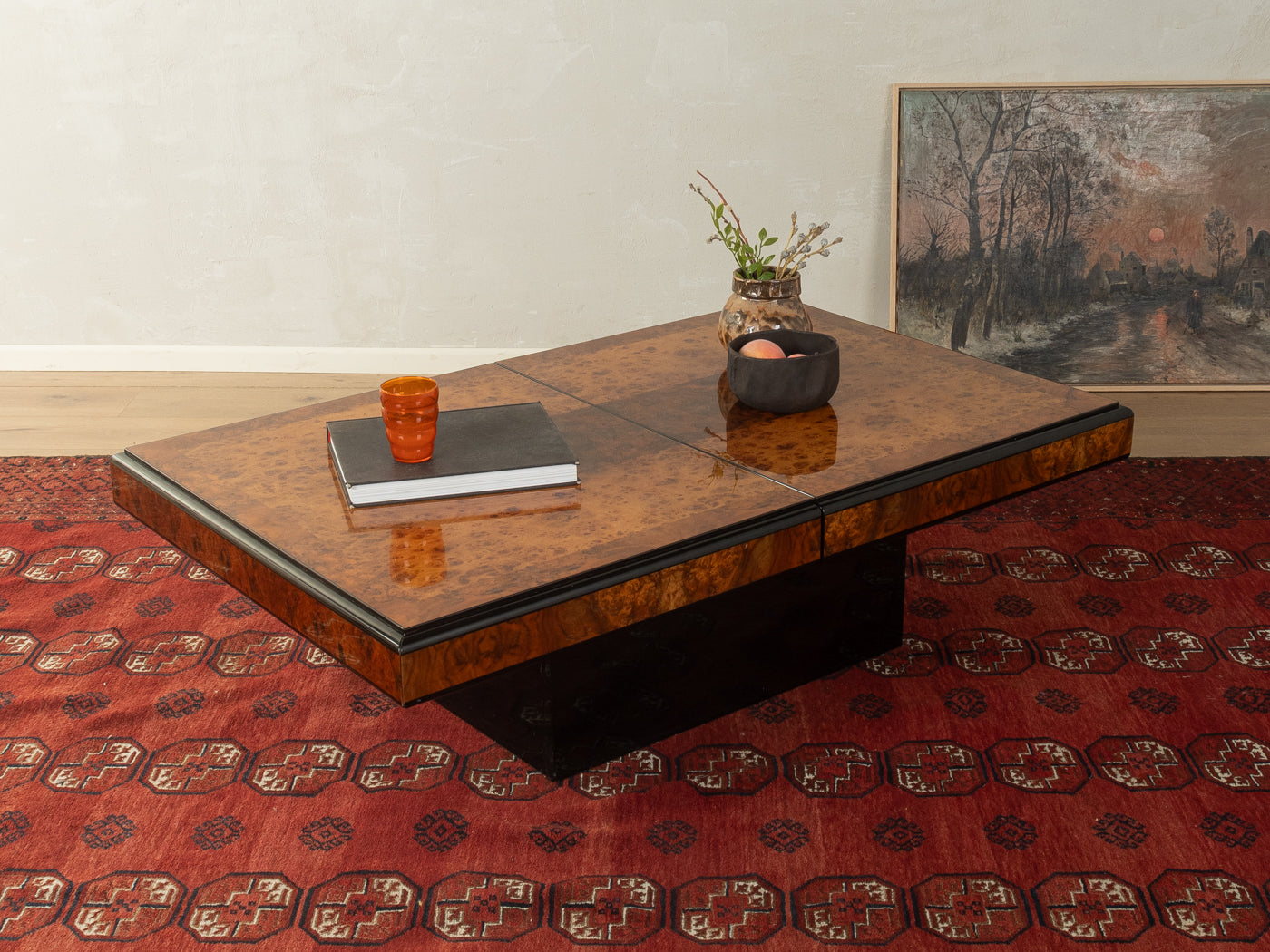 Burlwood coffee table set, Paul Michel, Roche Bobois