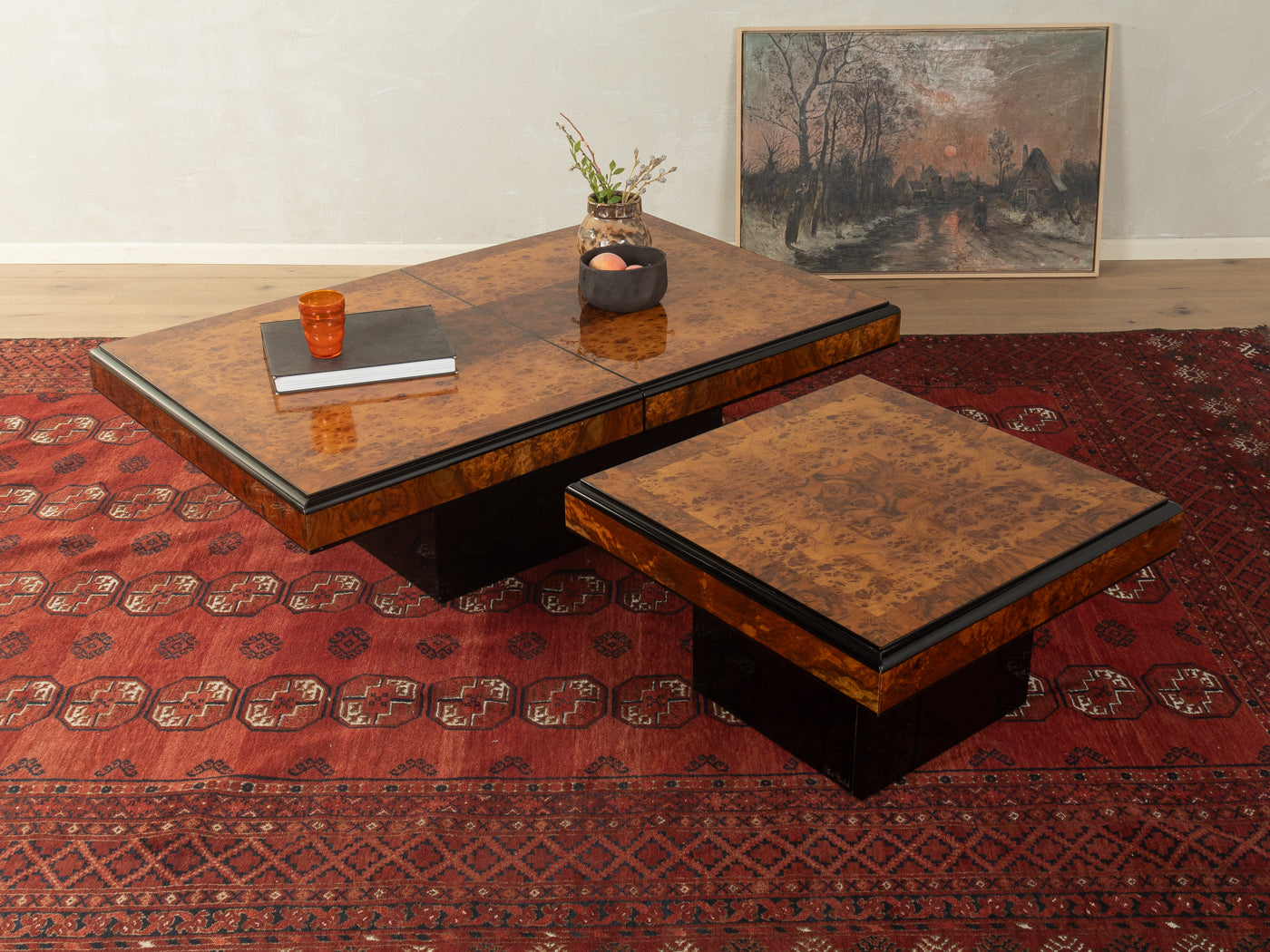 Burlwood coffee table set, Paul Michel, Roche Bobois