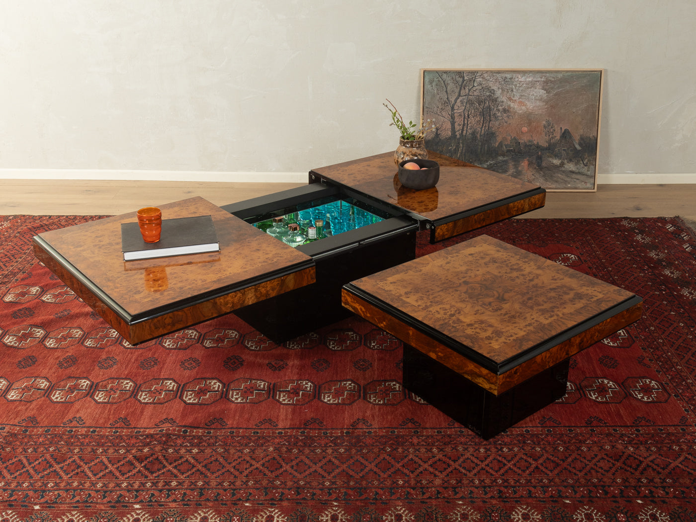 Burlwood coffee table set, Paul Michel, Roche Bobois