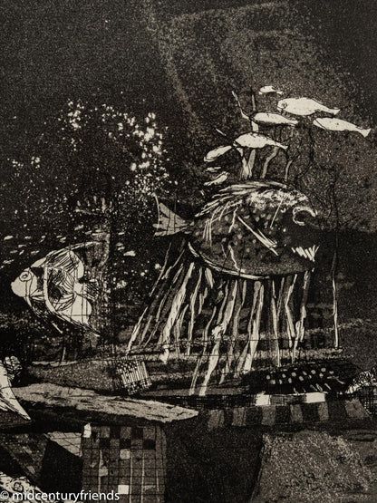 Unter Wasser, S/W Radierung auf Papier, 52 x 48 cm