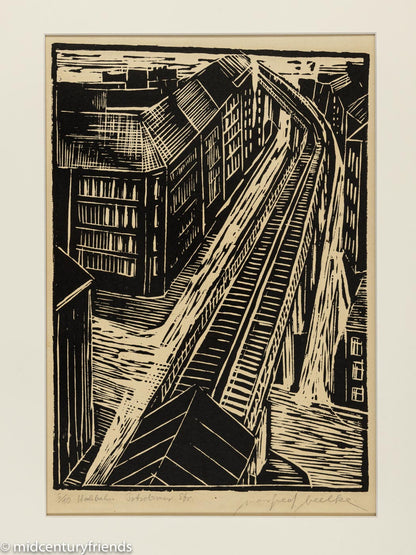 Hochbahn, S/W Linolschnitt auf Papier, 55 x 68 cm