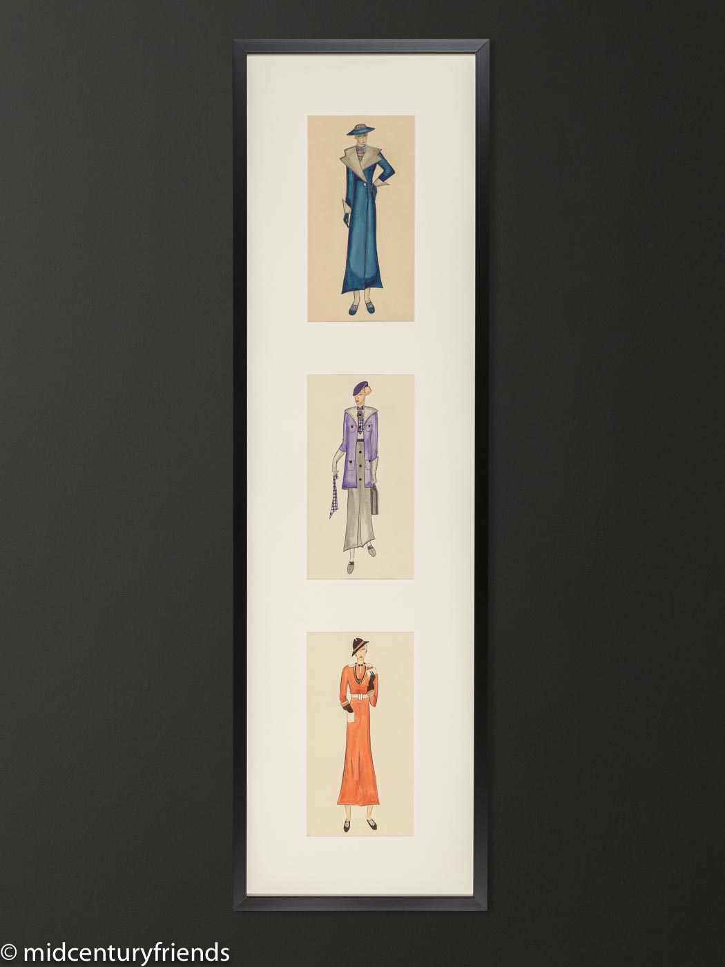 Art Déco Modezeichnungen III, Gouache auf Papier, 36 x 123 cm