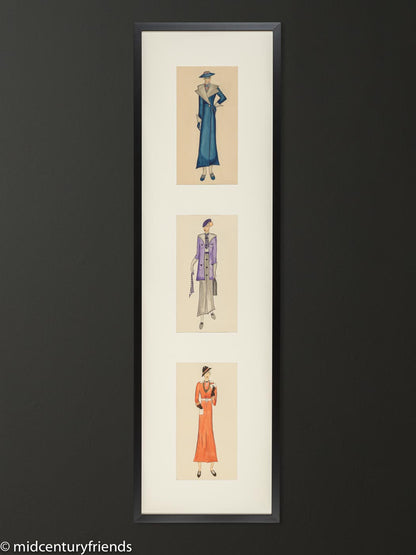 Art Déco Modezeichnungen III, Gouache auf Papier, 36 x 123 cm