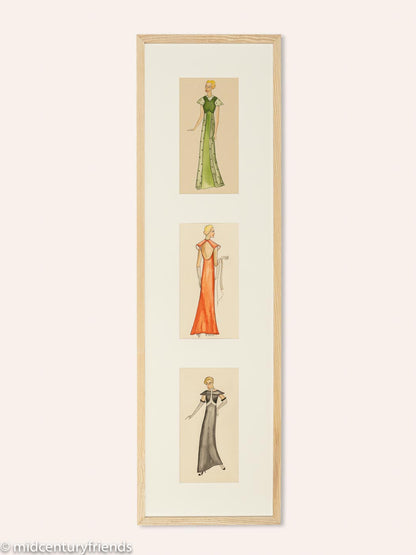 Art Déco Modezeichnungen IV, Gouache auf Papier, 36 x 123 cm