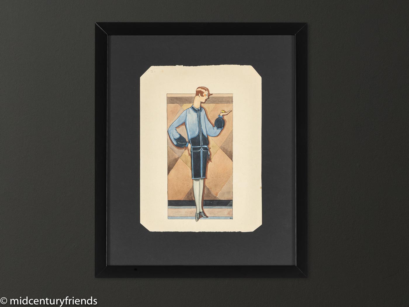 Art Déco Modezeichnung (Einzel), Gouache auf Papier, 33 x 40 cm