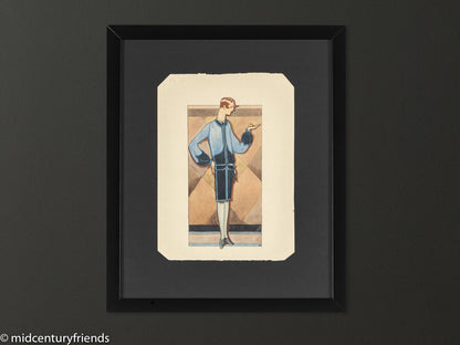 Art Déco Modezeichnung (Einzel), Gouache auf Papier, 33 x 40 cm