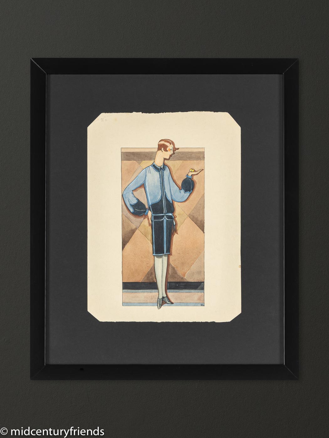 Art Déco Modezeichnung (Einzel), Gouache auf Papier, 33 x 40 cm