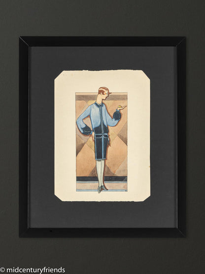 Art Déco Modezeichnung (Einzel), Gouache auf Papier, 33 x 40 cm