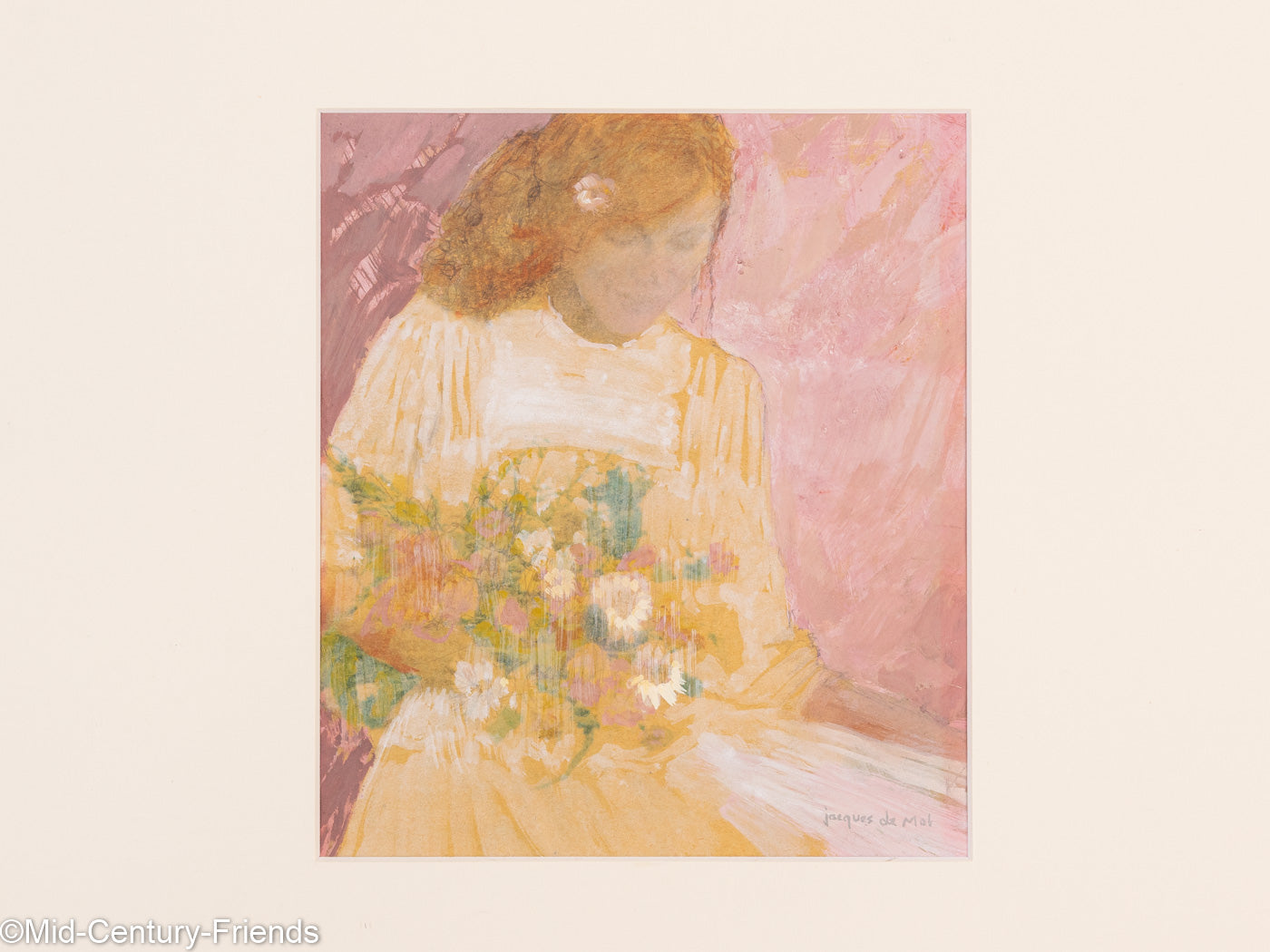 Dame mit Blumen, Gouache auf Karton, 50 x 50 cm