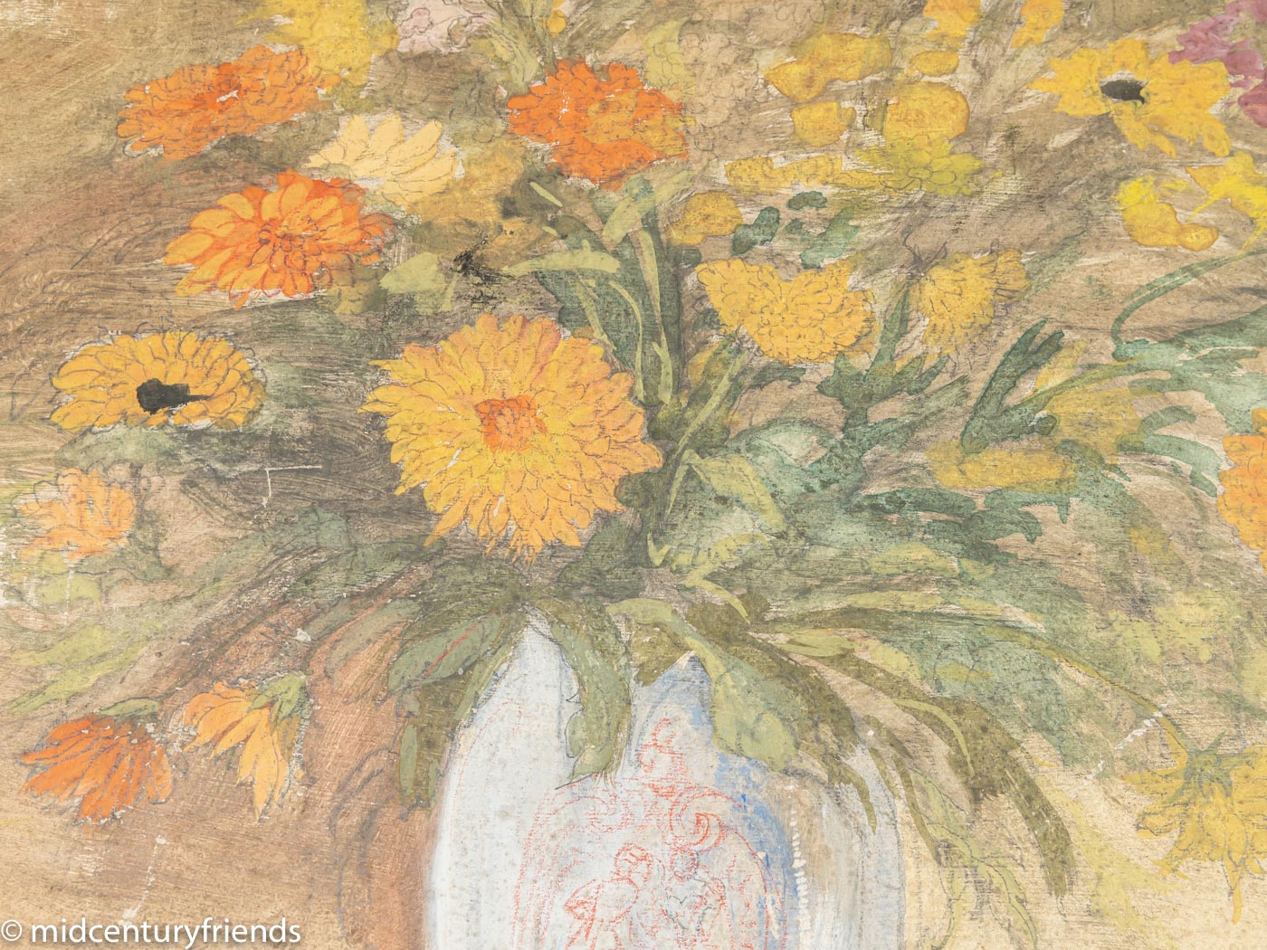 Art Déco Blumen, Aquarell auf dickem Papier, 64 x 74 cm