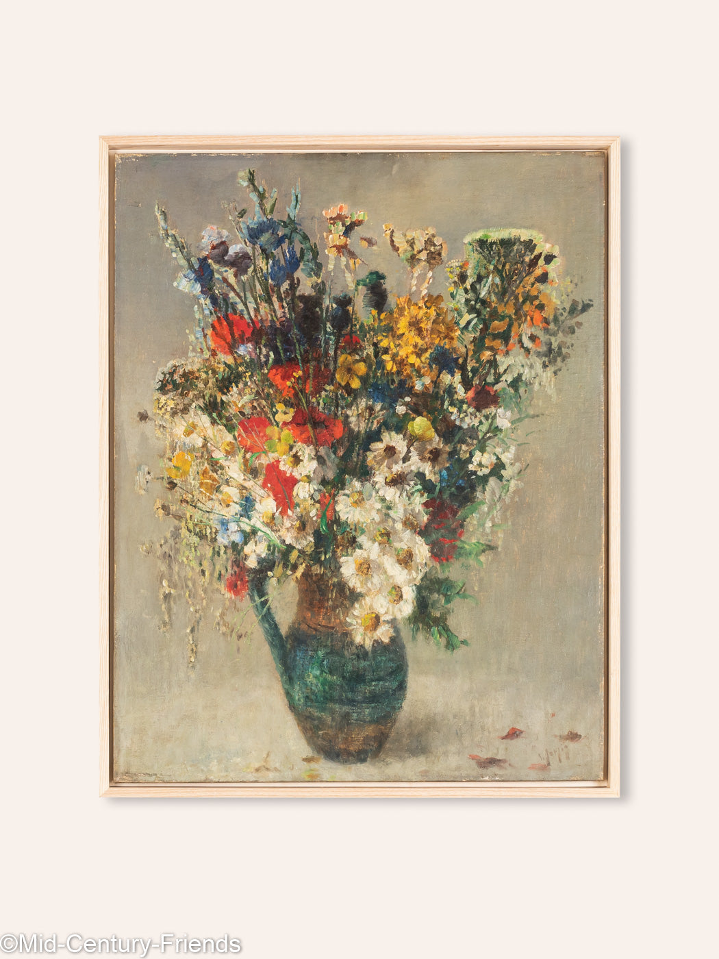 Bunter Art Déco Blumenstrauß, Öl auf Platte, 53 x 68 cm