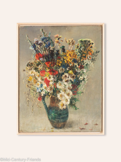 Bunter Art Déco Blumenstrauß, Öl auf Platte, 53 x 68 cm