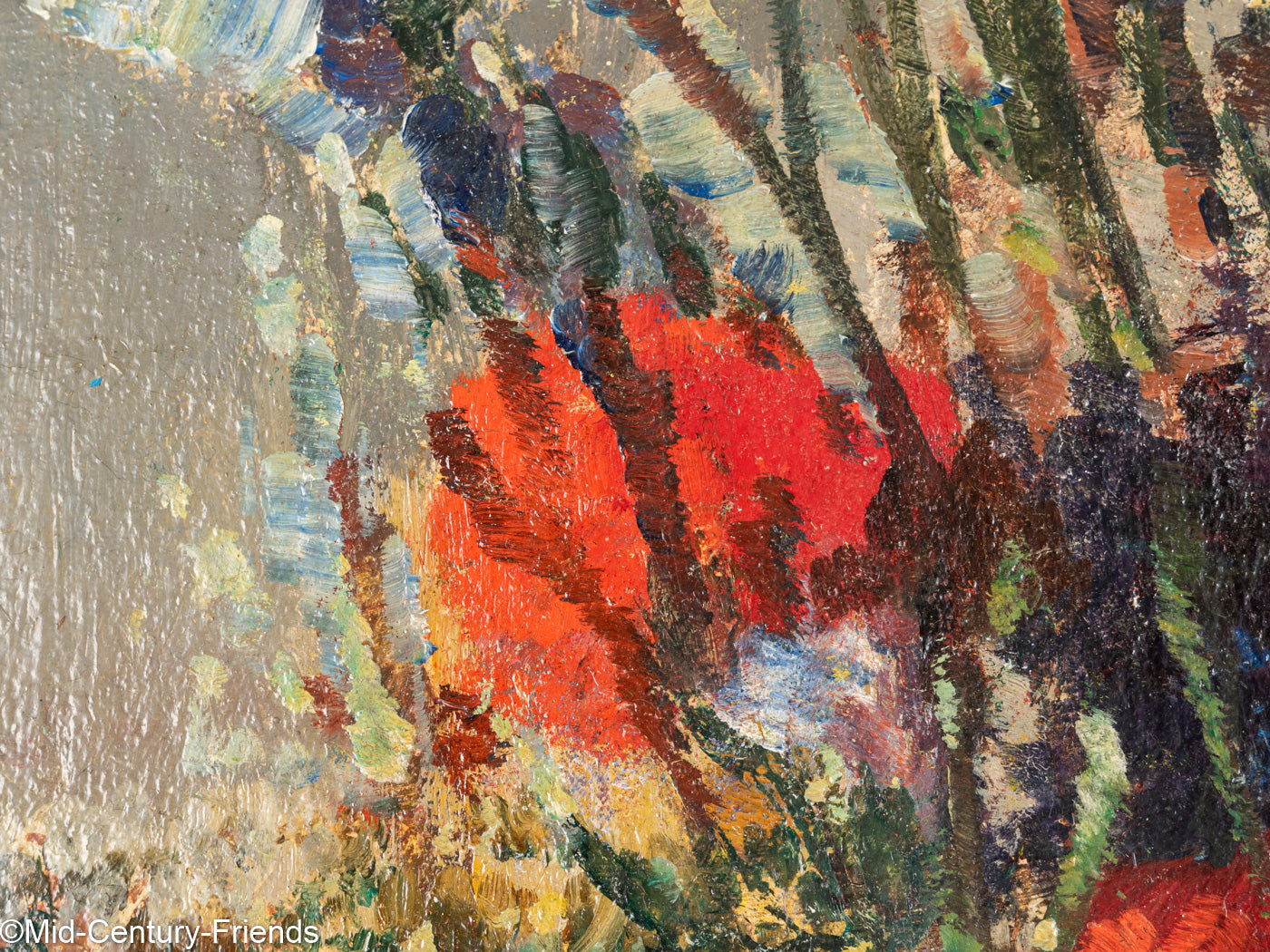 Bunter Art Déco Blumenstrauß, Öl auf Platte, 53 x 68 cm