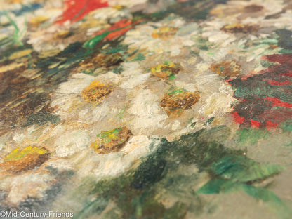 Bunter Art Déco Blumenstrauß, Öl auf Platte, 53 x 68 cm