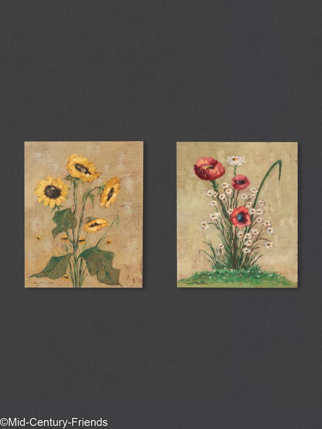 Mohn und Sonnenblumen (Set), Öl auf Platte, 32 x 40 cm